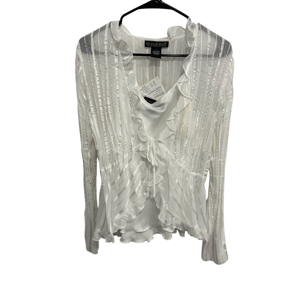 Dialogue Striped Two Piece Top White Sz Large Ruffle Long Sleeve Frilly Chic NEW